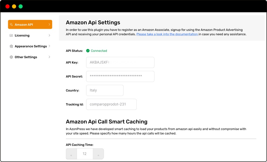 Connect Amazon API settings